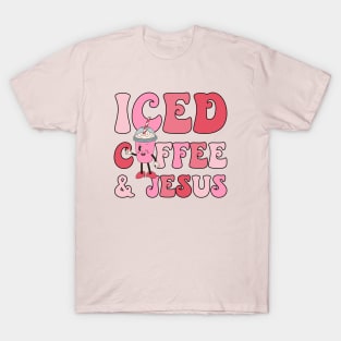 Pink Christmas Iced Coffee and Jesus Funny Retro Xmas Coffee Lover T-Shirt